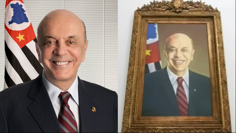 O ex-governador de São Paulo, José Serra, e seu retrato, alvo de investigação - Licença Creative Commons via Wikimedia Commons e Reprodução/Vídeo/YouTube
