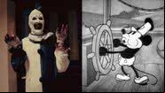 O palhaço Art de 'Terrifier' e Mickey Mouse - Divulgação / A24 e Domínio público