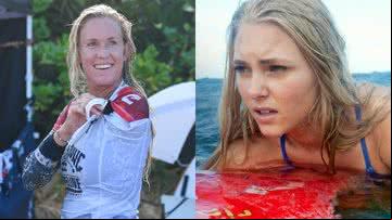 Bethany Hamilton na vida real e em 'Soul Surfer', vivida por AnnaSophia Robb - Getty Images / Reprodução/Sony Pictures Releasing
