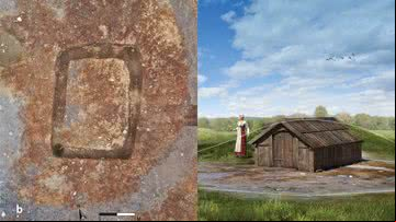 Vestígios de antiga casa mortuária viking e ilustração de como ela teria sido originalmente - Divulgação/NTNU University Museum/Kristoffer R. Rantala / NTNU University Museum/Arkikon