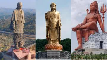 Estátua da Unidade, Buda do templo da Primavera e Estátua da Crença - Fotos por Government Open Data License – India, Zgpdszz e Kunwar Nadaan pelo Wikimedia Commons