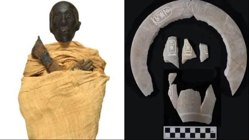 Registro da múmia (à esqu.) e fotos da descoberta do túmulo (à dir.) - Museu Nacional da Civilização Egípcia