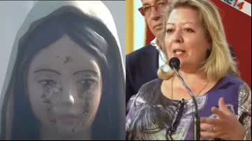 A estátua (à esqu.) e Gisella Cardia (à dir.) - Reprodução/Vídeo