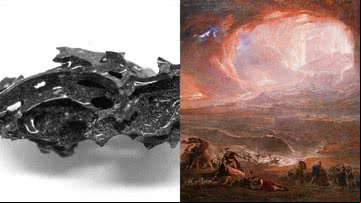 Material encontrado dentro de crânio (à esqu.) e a pintura 'A Destruição de Pompéia e Herculano' (à dir.) - Divulgação/Pier Paolo Petrone e Domínio público