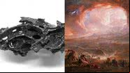 Material encontrado dentro de crânio (à esqu.) e a pintura 'A Destruição de Pompéia e Herculano' (à dir.) - Divulgação/Pier Paolo Petrone e Domínio público