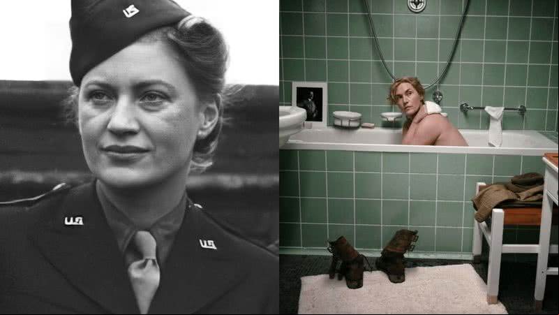 Lee Miller na vida real (à esqu.) e cena do filme (à dir.) - U.S. Army Official Photograph e Divulgação