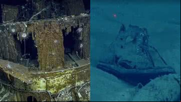 Navio usado em Pearl Harbor (à esqu.) e uma bota parte do naufrágio (à dir.) - Divulgação/NOAA