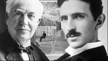 Montagem com as imagens de Edison e Tesla - Domínio Público