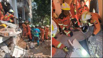 Mulher é resgatada após ar 91 horas sob os escombros - Reprodução/Corpo de Bombeiros de Mianmar