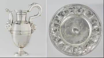 À esquerda, jarra de prata feita com metal da frota espanhola capturada em 1628; à direita, bacia de prata produzida depois - Divulgação/inv. NG-NM-583 e inv. NG-NM-582