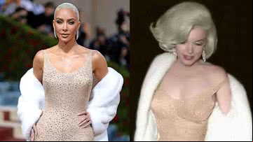 Montagem de Kim Kardashian e Marilyn Monroe em imagem colorizada com o mesmo vestido - Getty Images / Divulgação / Klimbim
