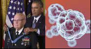 O homem, sendo condecorado por Obama em 2014, junto a uma representação gráfica do COVID-19 - Divulgação