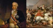 Montagem mostrando pintura de Dom João VI (à esquerda) e da Guerra Peninsular (à direita) - Domínio Público via Wikimedia Commons