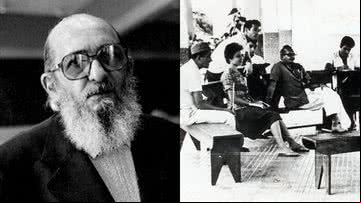 Paulo Freire (à esq.) e seus alunos em conversa (à dir.) - Divulgação / Slobodan Dimitrov / Instituto Paulo Freire