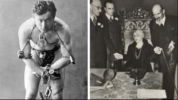 Houdini em 1899; ao lado, sua esposa Bess durante a última sessão espírita - Wikimedia Commons/McManus-Youg Collection/ e Divulgação/Biblioteca do Congresso dos EUA