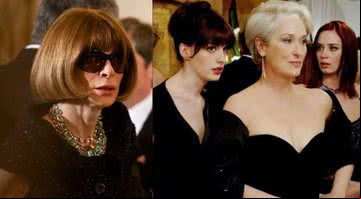 Montagem meramente ilustrativa de Anna Wintour à esquerda e cena do filme O Diabo Veste Prada à direita - Getty Image/ Wikimedia Commons