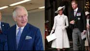 À esquerda, o rei Charles III e, à direita, Harry e Meghan Markle - Getty Images