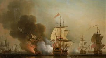 Pintura que retrata a explosão do galeão San José - Licença Creative Commons via Wikimedia Commons