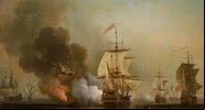 Pintura que retrata a explosão do galeão San José - Licença Creative Commons via Wikimedia Commons