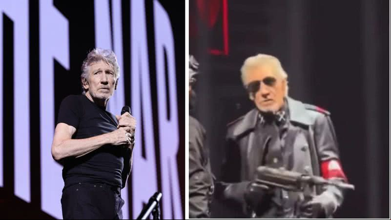 Roger Waters usou casaco preto, braçadeira vermelha e surgiu segurando fuzil - Getty Images / Divulgação / Twitter