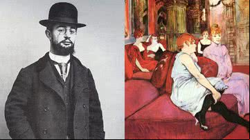 Foto de Toulouse-Lautrec e registro da obra 'O Salão da Rue des Moulins', 1894 - Paulo Sescau e Domínio Público