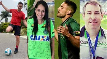 Jakson Follmann, Ximena Suárez, Alan Ruschel e Rafael Henzel, sobreviventes do voo da Chape - Montagem c/ Arquivo Pessoal